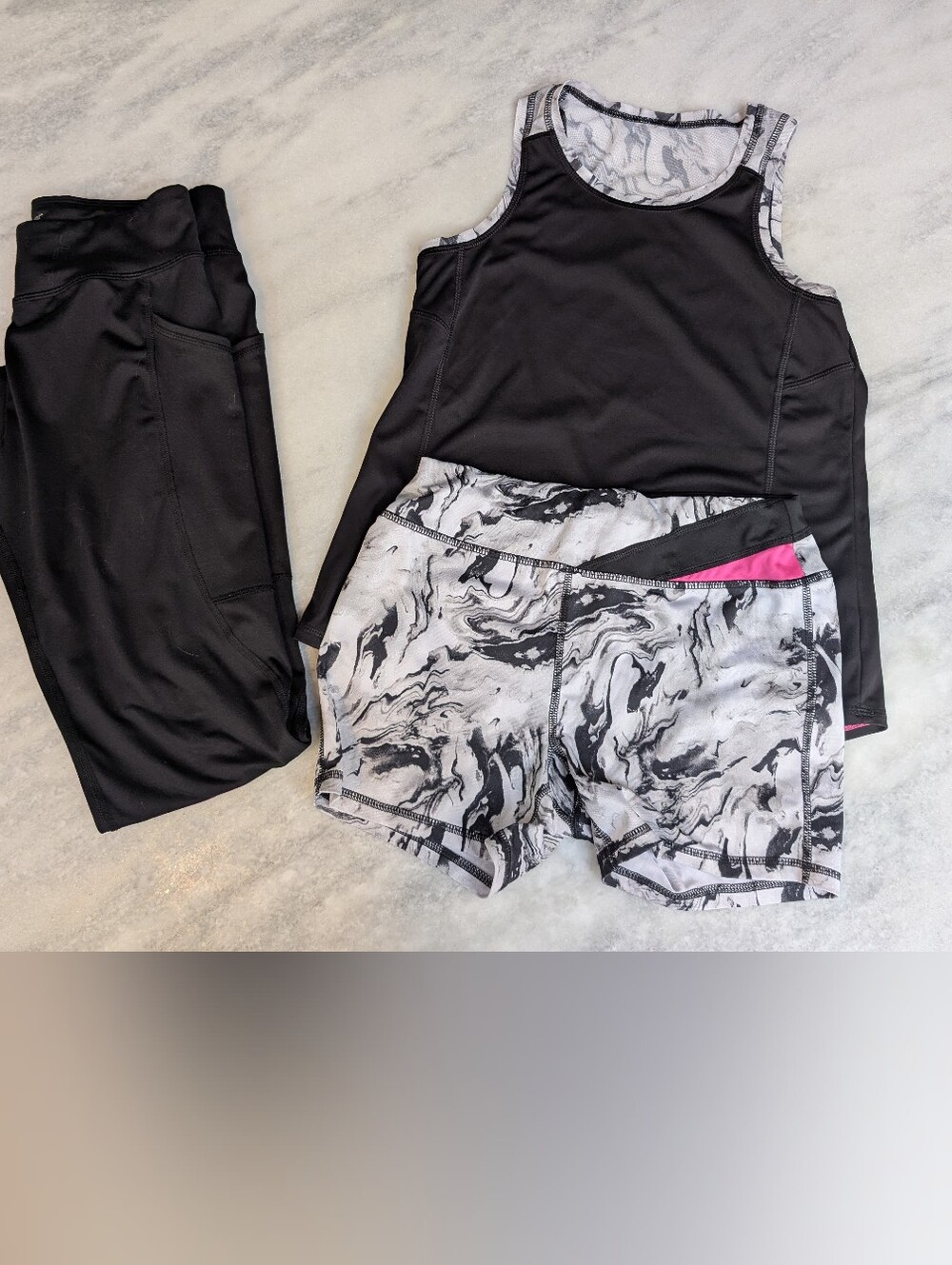 Athletic Works Black Tank, Marble-Print Shorts & Black Leggings Set